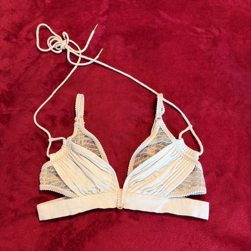 Bydee Cream Pleated Mesh Script Bralette Bra Halter Braided Trim Neutral‎ Top